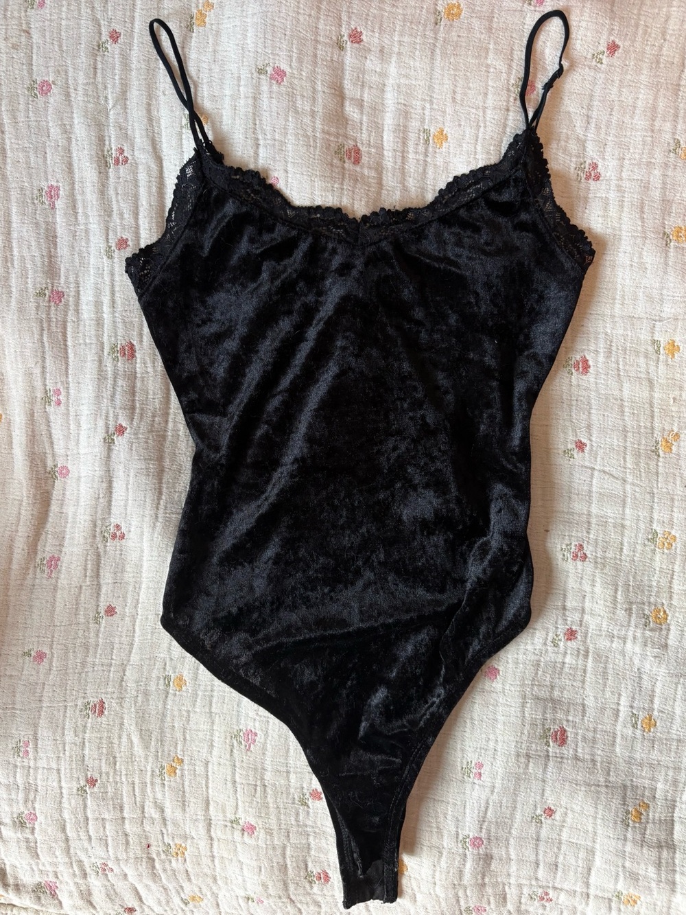 Black Velvet Lace Trim Cami / Black Bodysuit